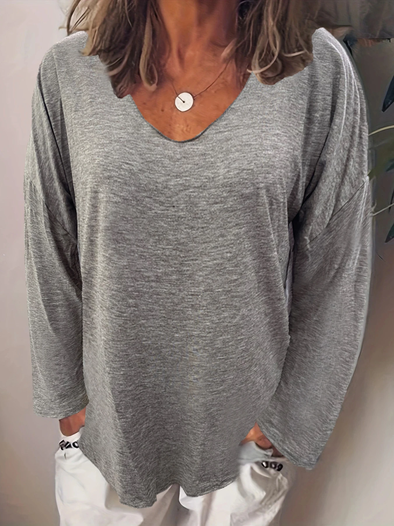 2023 Autumn Womens Clothing Solid Color T Shirts Casual Loose Tops Femme V-Neck Blouses Long Sleeve Thin Clothes Fashion Daily
