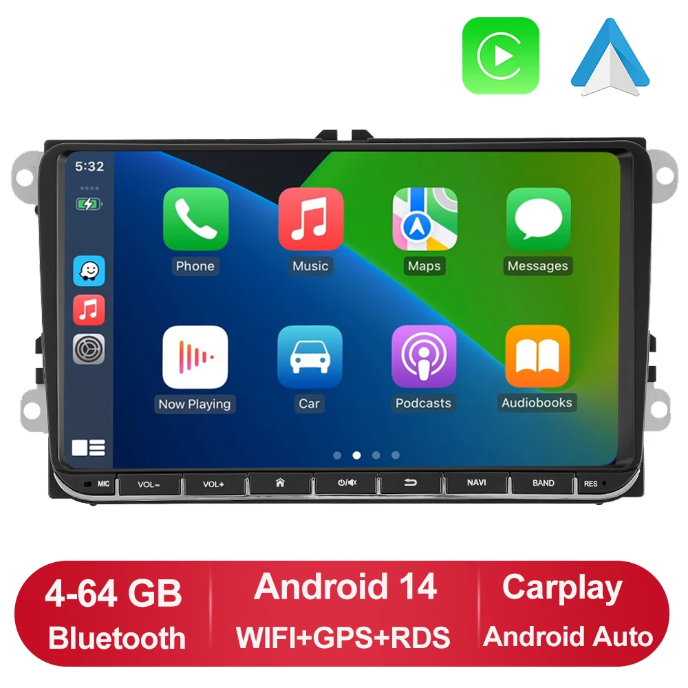 GEARELEC 9 Zoll Carplay 2 Din Android 14 Autoradio für VW Volkswagen Golf Passat B6 B7 Skoda Octavia Polo Tiguan Auto-Multimedia-Player WIFI FM RDS GPS Autoradio