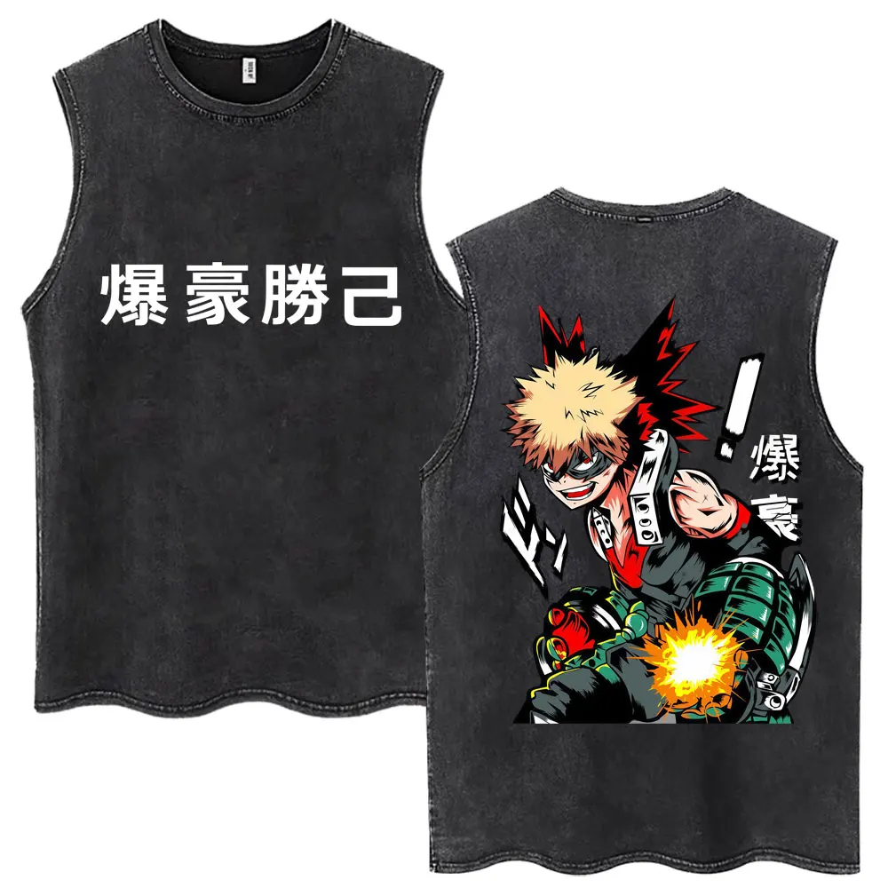 Washed Anime My Hero Academia Katsuki Bakugo Tank Tops Men Women Vintage Manga Sleeveless T Shirt Loose Cotton Casual Vests Male