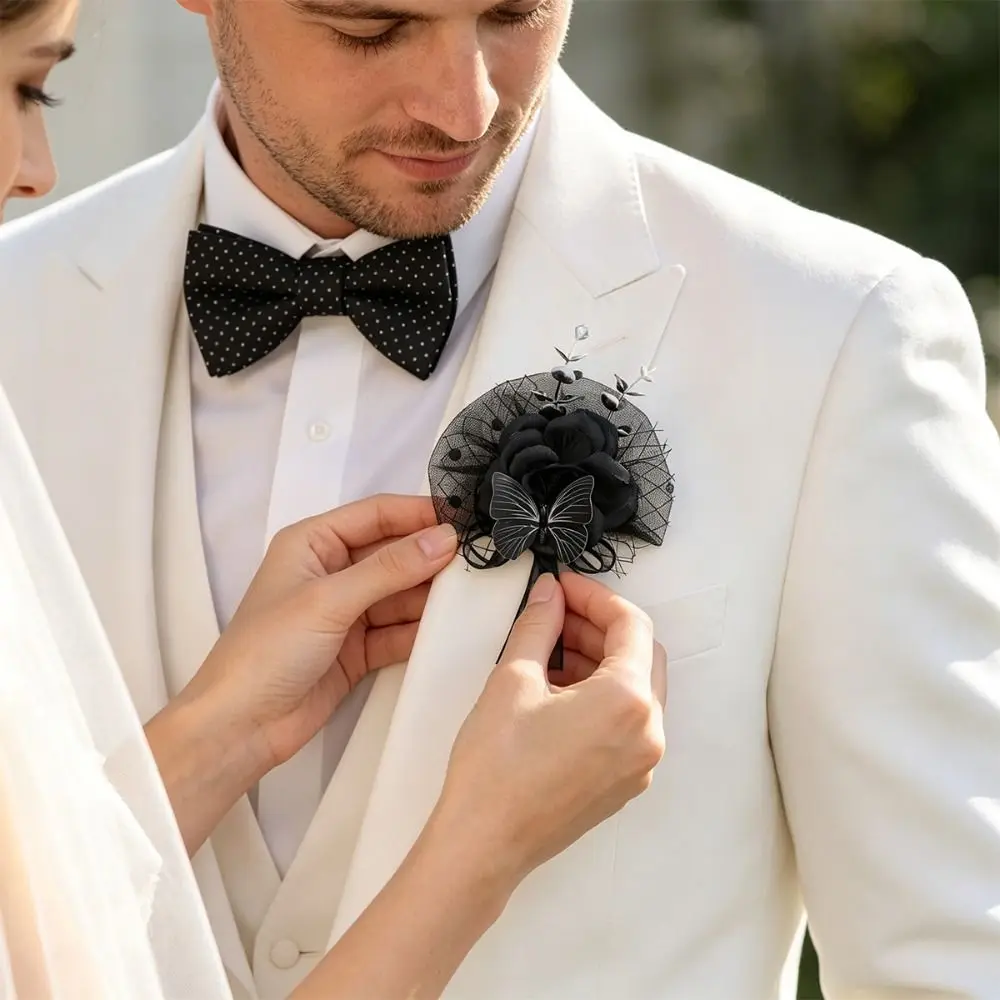 New Fabric Flower Rose Corsage Tulle Mesh Ribbon Flower Brooch Black Color Wearable Design Costume Corsage Halloween Costume