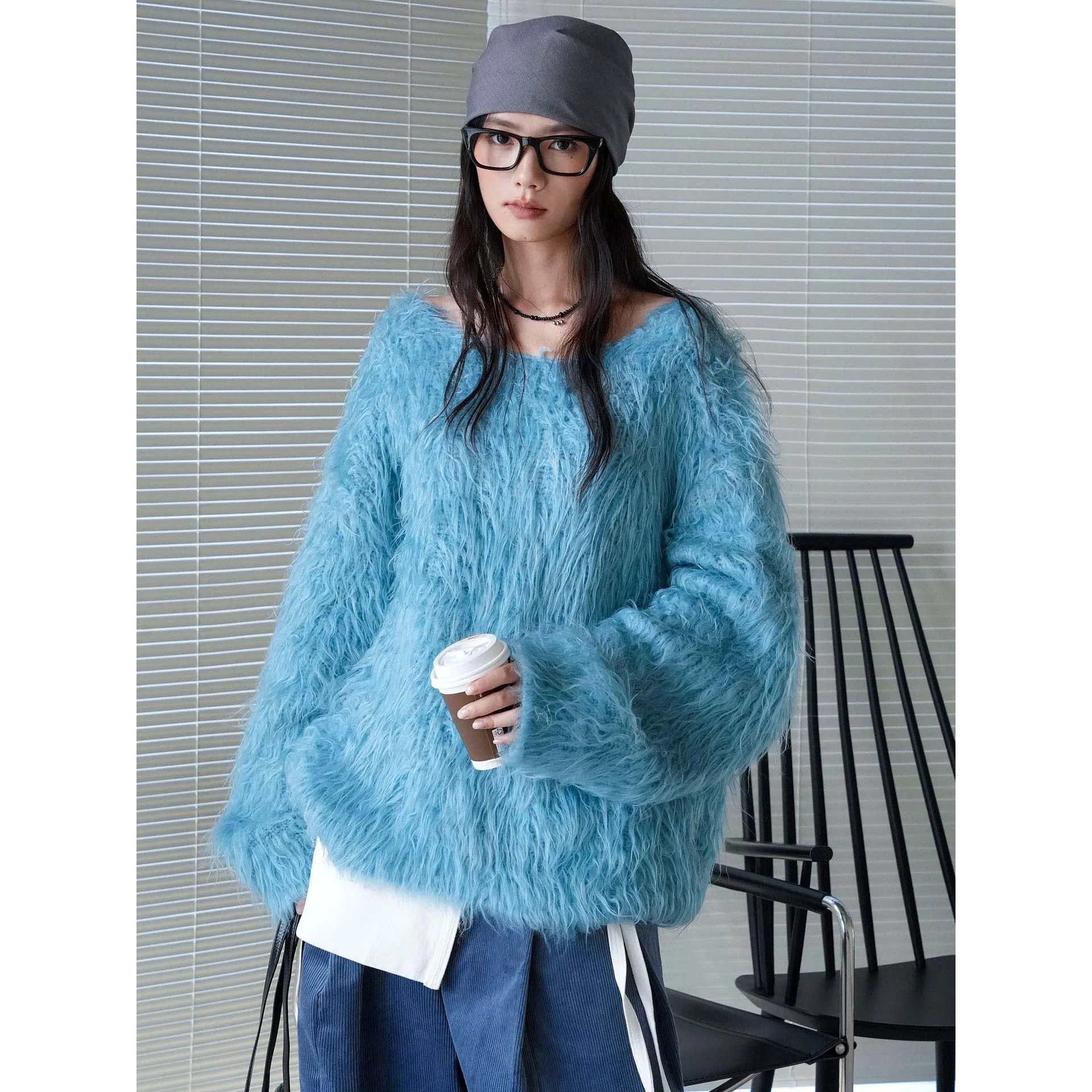 Women V-Neck Loose Style Knitted Long Sleeve Furry Sweater Autumn Fashion Pullovers Clothes Tops For Women Sweater
