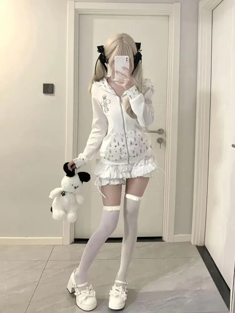 Sweet Cute Rabbit Ear Hooded Lace Long Sleve Sweatshirts Jacket+ Y2k High Waist White Cake Skirts Fashion New Two Piece Sets