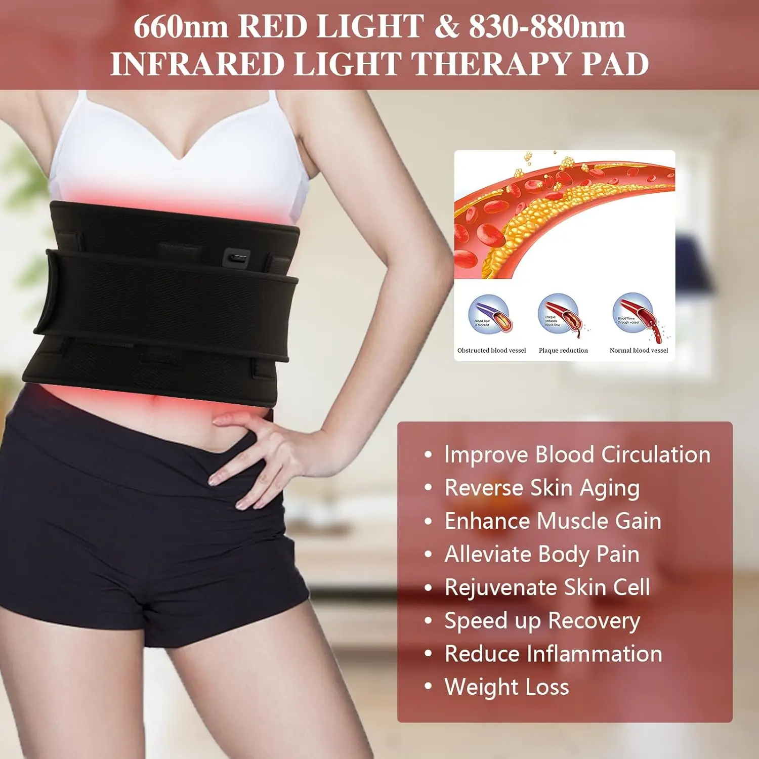 128 LEDs Red＆Infrared Light Therapy Belt 850nm 660nm Back Burn Fat Wrap Slimming Machine Waist Heat Pad Full Body 15.75''x8''