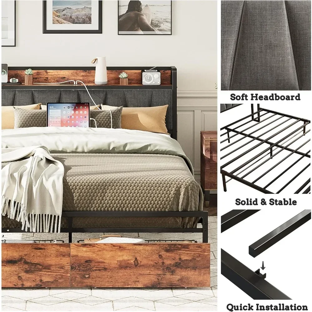 King-size bed frame,storage headboard with charging station,platform bed with drawers,no need for a box spring, easy to assemble