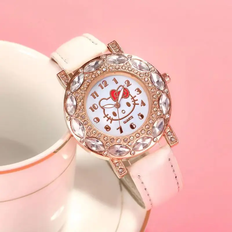 New Hello Kitty Diamond Quartz Watch for Women Sanrio Cartoon Fashion PU Leather Belt Watch Children Birthday Gift