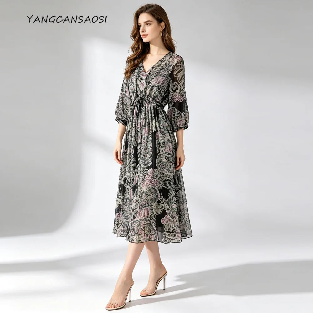 Artistic Style Splashed Ink Print Semi Transparent 100% Natural Mulberry Silk Georgette Breathable High Waisted Drawstring Dress