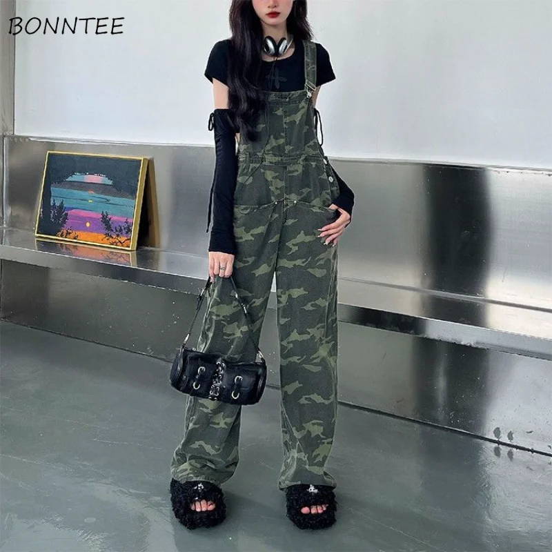 Denim Jumpsuits Women Camouflage Military American Streetwear Design High Waisted Cargo Trousers Vintage Y2k Clothing Personal