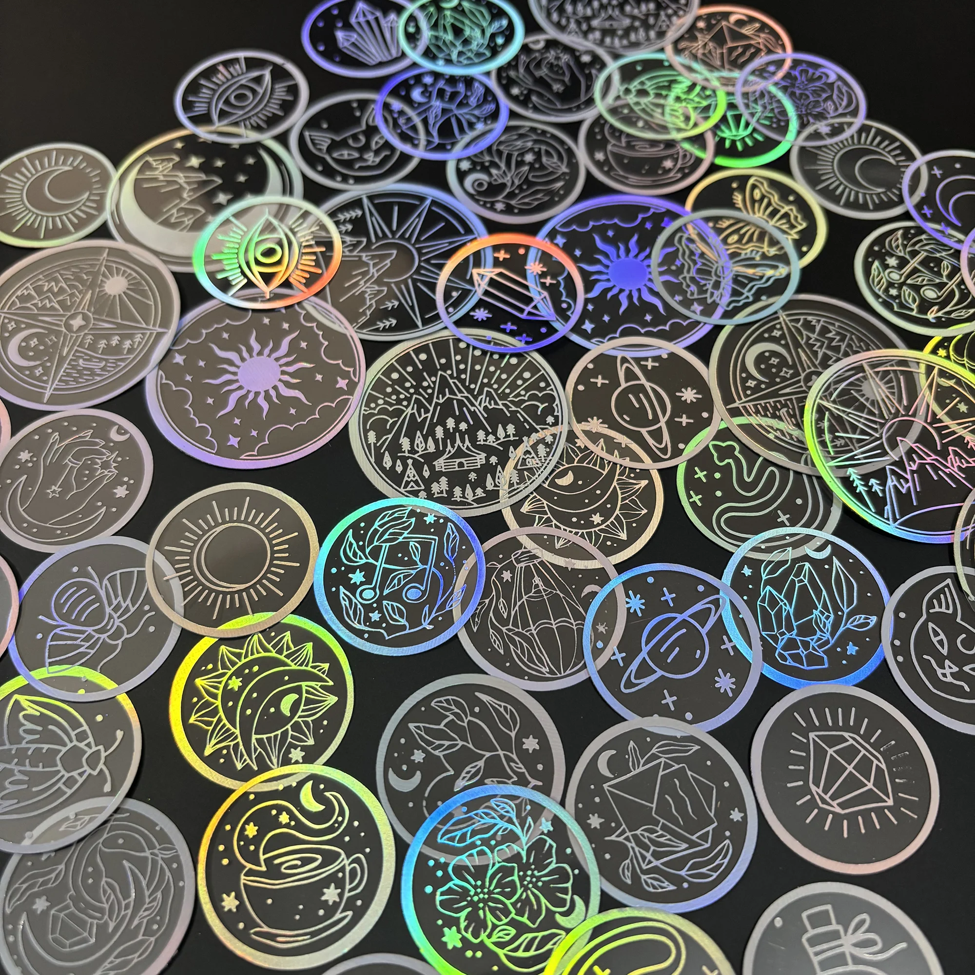 70 PCS Transparent PET Stickers with Holographic Silver Designs – Perfect for DIY, Bujo, Phone Cases, Windows & More