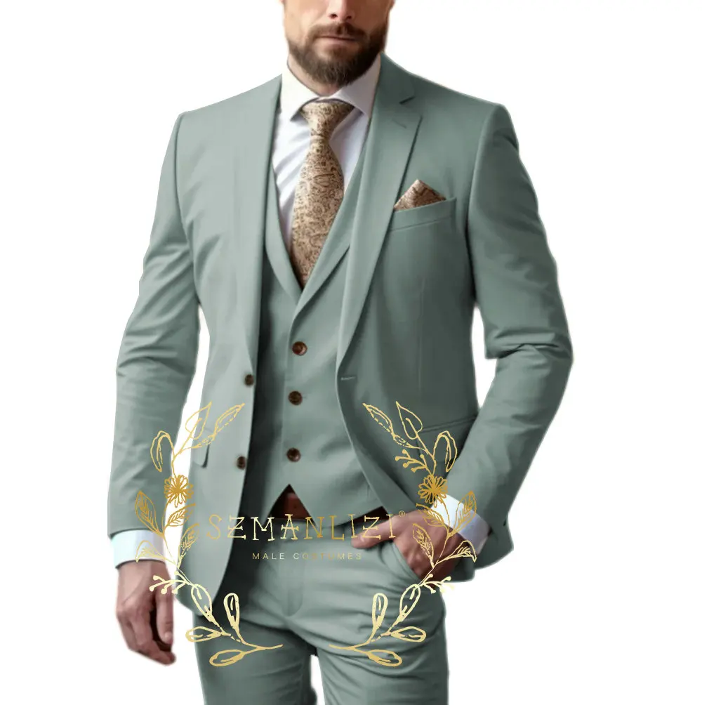 

Light Green Male Suit 3 Pieces Blazer Vest Pants Set Notached Lapel Tuxedo Suits for Men Ceremony Wedding Dresses Business Prom