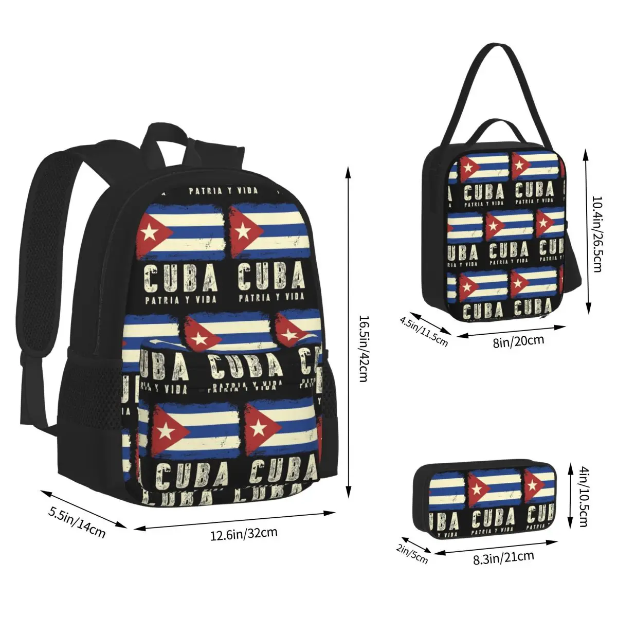 Flag Of Cuba Cuban Patriotic Backpacks Students Bookbag School Bags Rucksack Lunch Bag Pen Bag Three-Piece Set