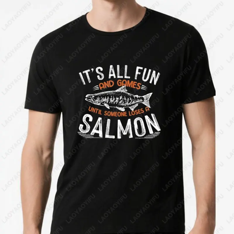 Salmon Fishing Camping Tshirt Gifts Summer Vacation Great Outdoors Tops for Dad Husband Men Women Hipster Modal Comfortable Tees