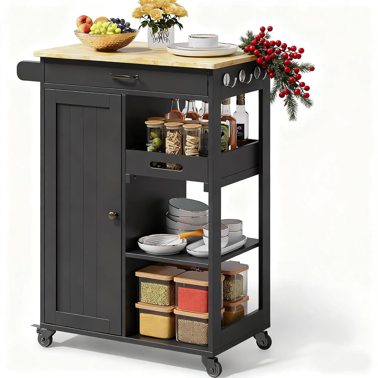 

Kitchen Island Cart with Solid Wood Top, Rolling Serving Utility Trolley Cart with Drawer, Cabinet, Towel Rack,, Customized