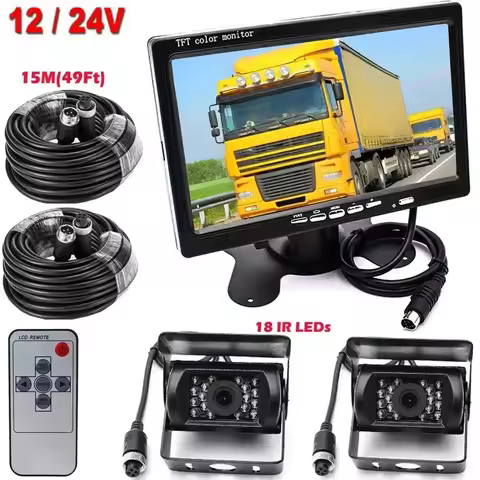 7" Monitor 12-24V Truck Caravan Bus RVs Dual Rear View Parking Backup Camera Kit 15M 4pin cable
