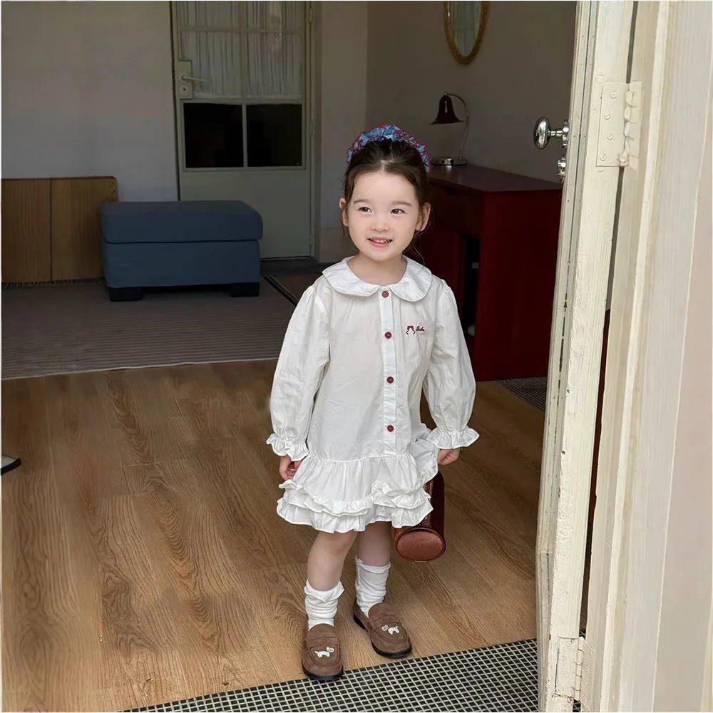 

Girls Dress Spring and Autumn New Korean Version Doll Collar Embroidered Shirt Skirt Casual Daily Temperament Versatile