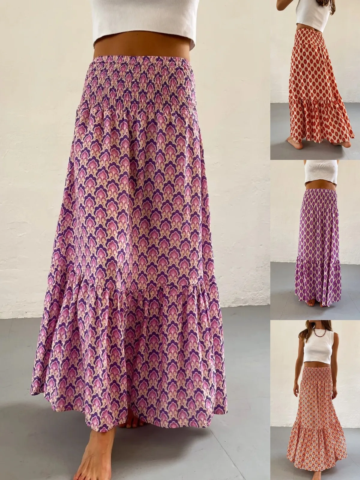 

SKMY 2025 New Long Skirts Fashion Y2k Clothes Women Ruched Elastic Waist A-Line Skirts Summer Vaciton Outfits Party Clubwear