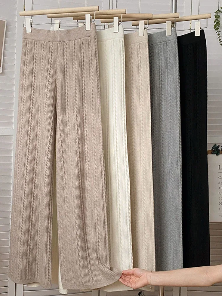 Pantaloni a gamba larga lavorati a maglia da donna pantaloni dritti caldi a vita alta elastici solidi autunno e inverno 2024 nuovi pantaloni neri