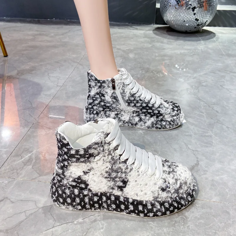 New Trendy Women's Flat Shoes Denim Autumn Outdoor Casual Shoes Breathable Heightened Thick Bottom Running Hiking Sneakers 35-40