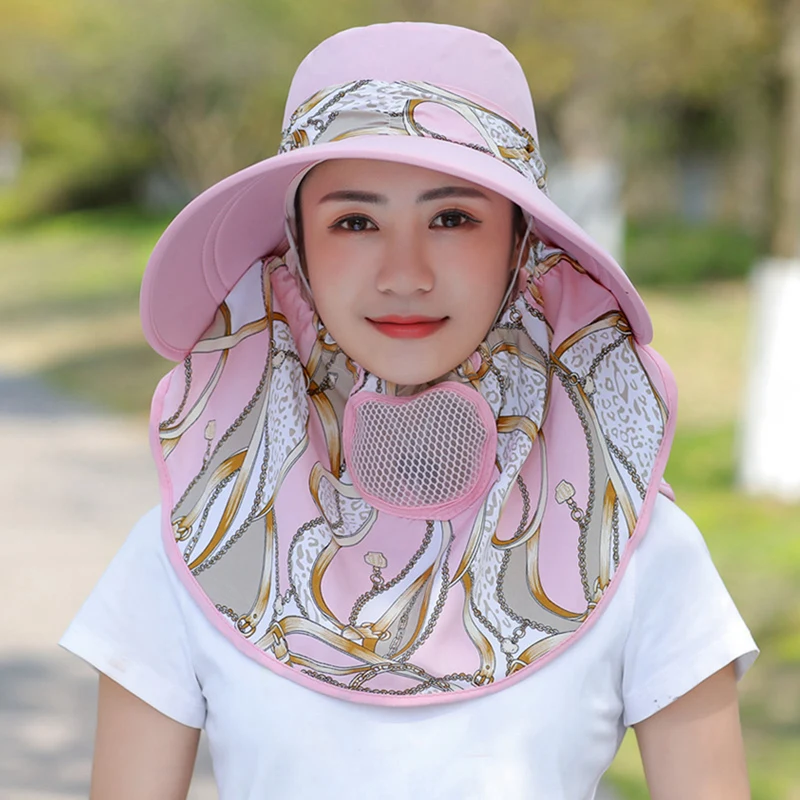 Women\'s Sun Hat Version of Anti-uv Electric Car Big Top Chain Printed Hat Can Be Disassembled Hat Wholesale Sun Protective