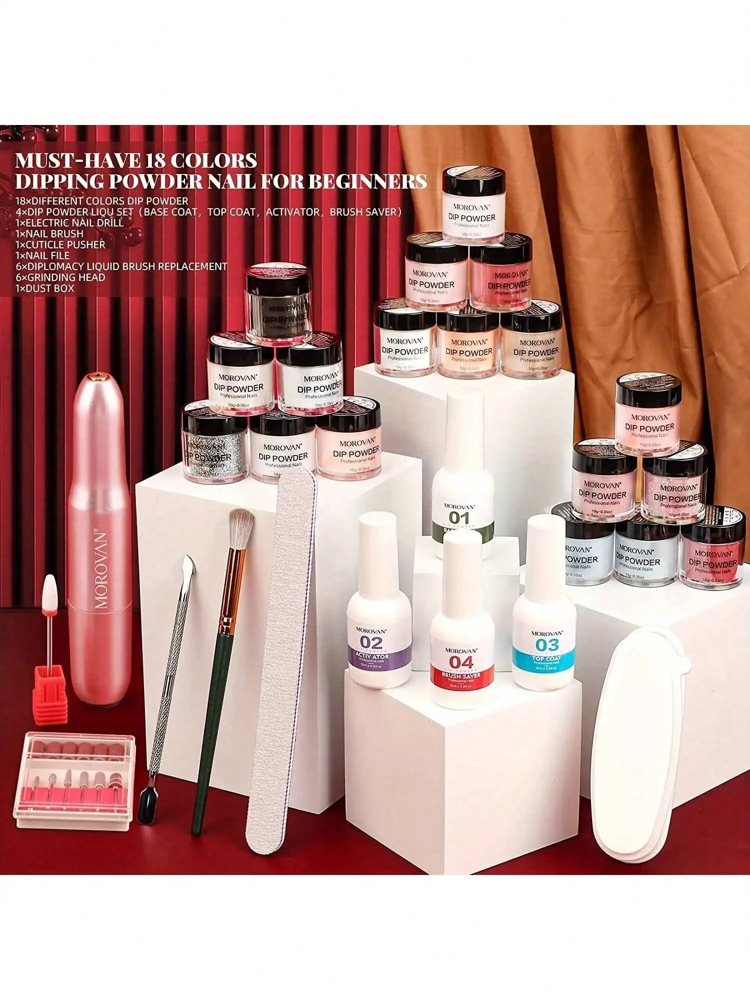 Morovan Dip Powder Nail Kit: Starter Kit 54-teiliges Nails Dipping Powder Set 18 Farben mit elektrischem Nagelbohrer