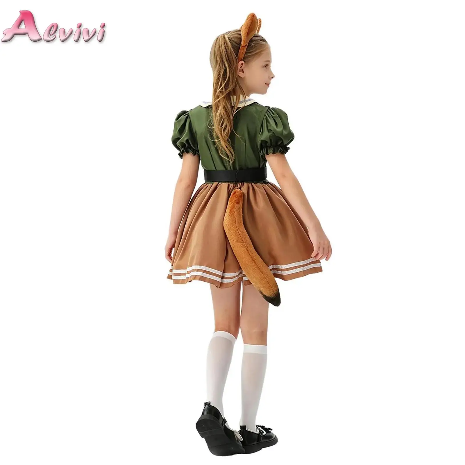 Kids Girls Animal-themed Costume Lapel Puff Sleeves Ruffled Dress with Faux Tail Necktie Hair Hoop and Belt for Party Masquerade