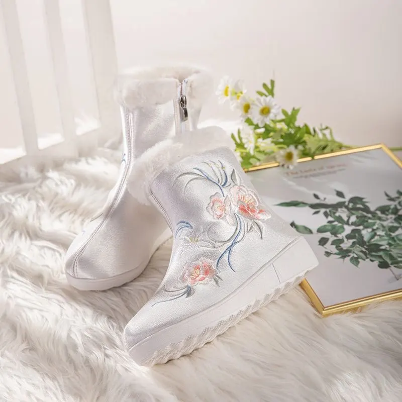 Hanfu chinois bottes brodées chaussures femmes blanc rouge rehausser Hanfu savon bottes courtes chaussures pour femmes grande taille 35-40 #