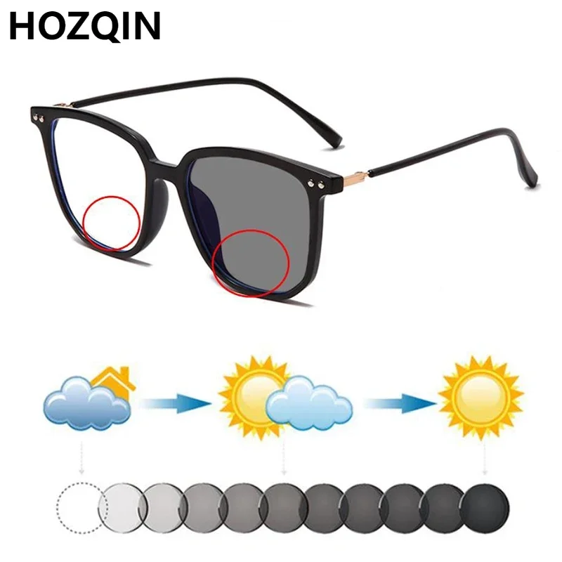 

New TR Square Retro Rivets Women Photochromic Bifocal Reading Sunglasses Men Look Near Far Presbyopic Hyperopia Glasses Oculos