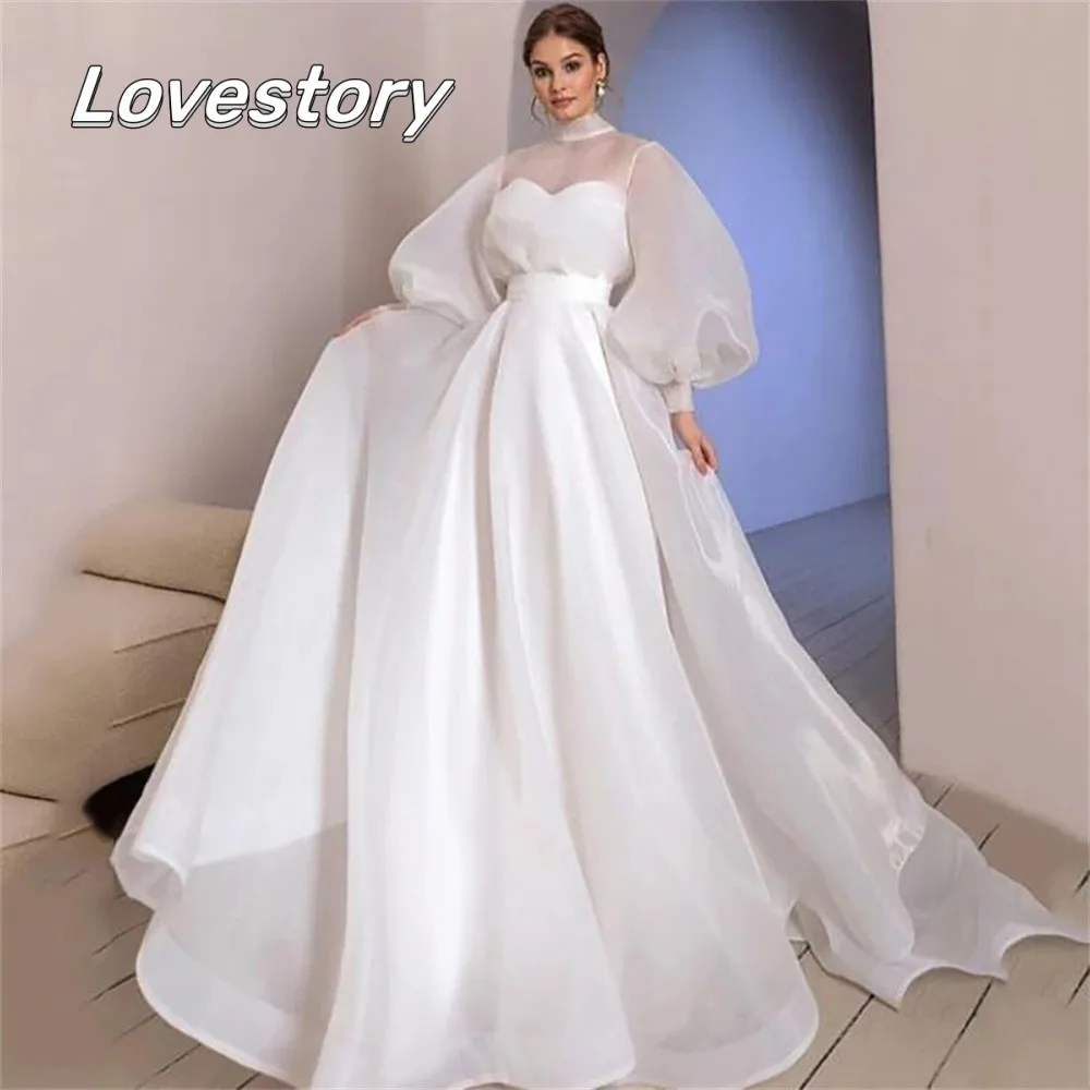 

French Classic High Neck Organza Wedding Dresses Bride Robe Sheer Puff Sleeves Bow Bridal Gown A Line Boho New Vestidos De Novia