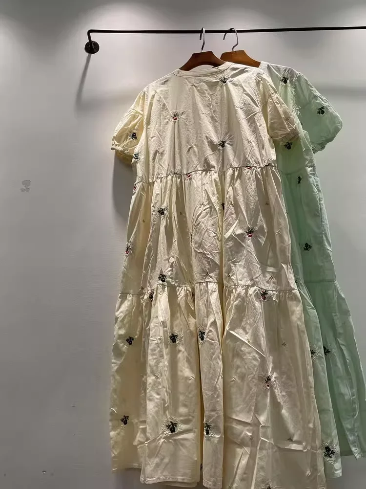 100% bawełna damska sukienka w stylu japońskim z krótkim rękawem beżowo-zielona haftowana sukienka maxi dla kobiet długa sukienka mori girl