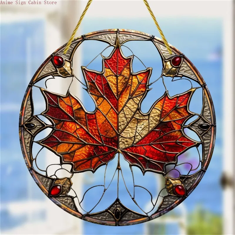 [2D Flat] One Item, Stylish Maple Leaf Glasses,Acrylic Sign,Round Decoration,Elegant Window,Porch,Wall Art for Home Room Decor