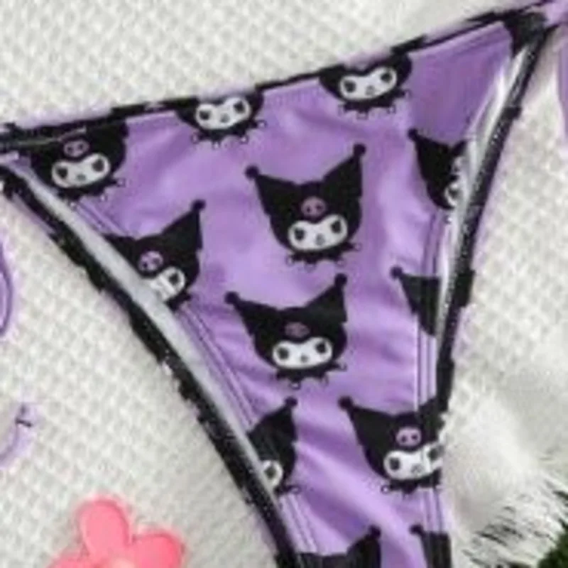 Kuromi Print Sexy Women Bikini Set 2024 Summer Sanrio Purple Swimsuit Set Casual Beach Vacation Lace Up Pure Desire Lingerie Set