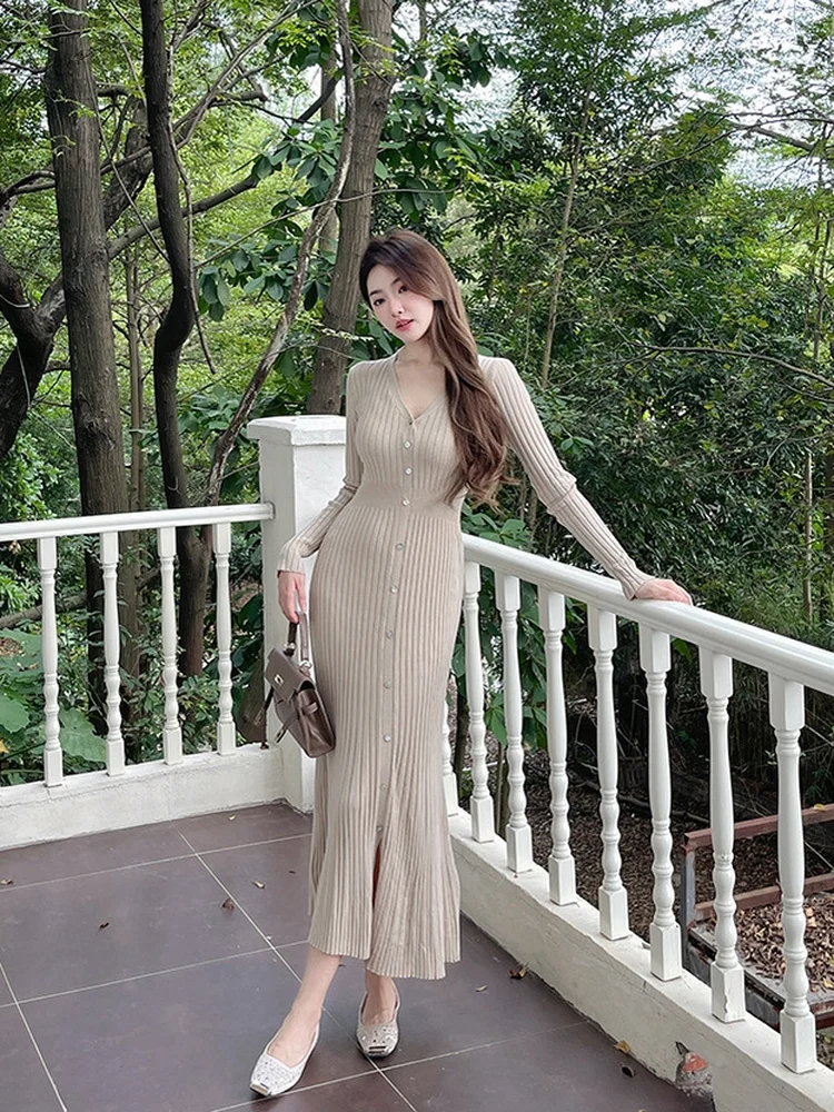 

Herman Curve Fitted Knitted Dr Elely Slimming Autumn Winter Long Sve V-Ne A-Line Casual Sle Ci Commute Dr