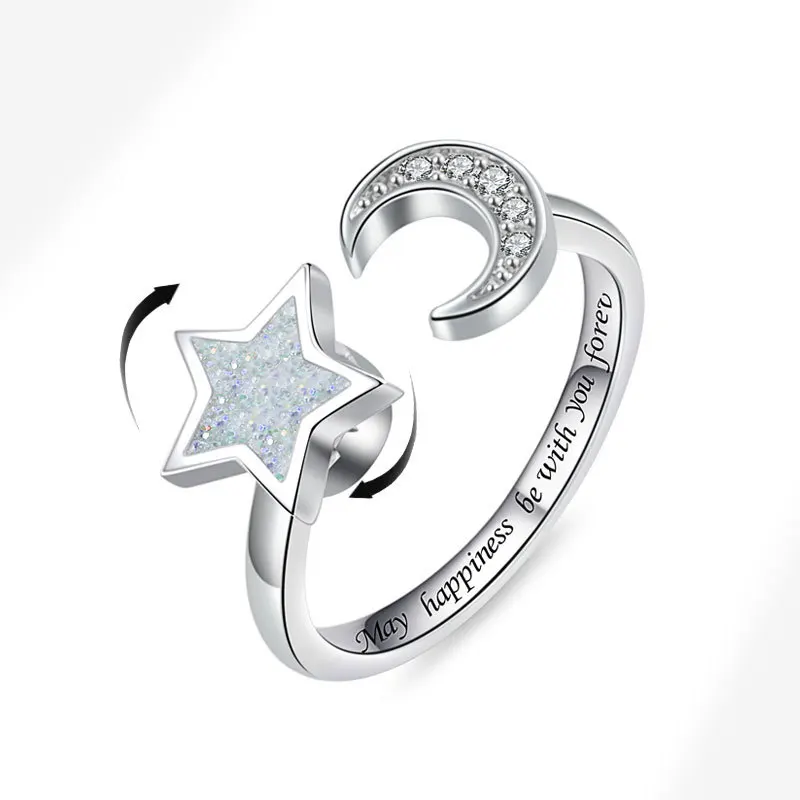 Women's Fashion Copper Knuckle Rings with Star Moon Design Diamond Embedded Anti-Stress Anxiety Relief Rotating Ring
