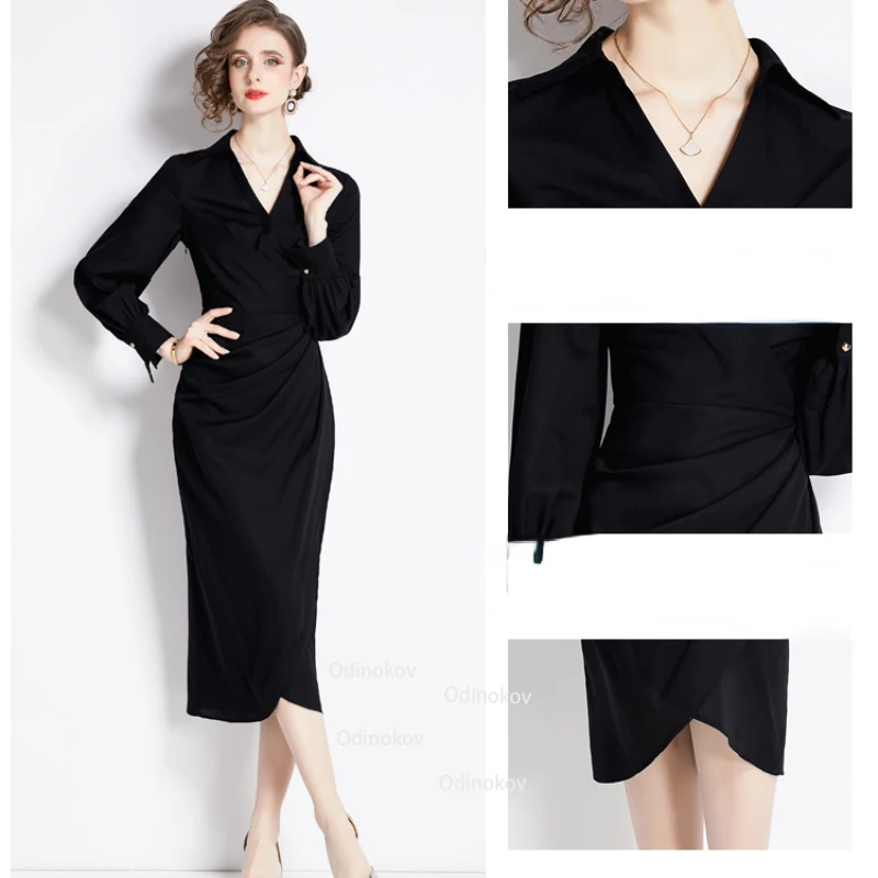 2024 Spring/summer New Lapel Shirt Waist Slimming Skirt Woman Black Dress Vestidos De Mujer robe