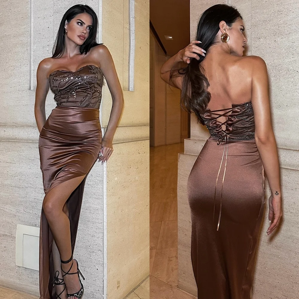 

Customized Fashion Classic Sequined Ruched Column Strapless Long Dresses Bespoke Occasion Dresses Sizes Available High Quality