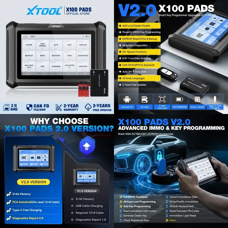 XTOOL X100 PADS V2.0 Car Key Programmer Key Generator Read Pin Code All System Diagnostic Tool Automotive Scanner CANFD DOIP