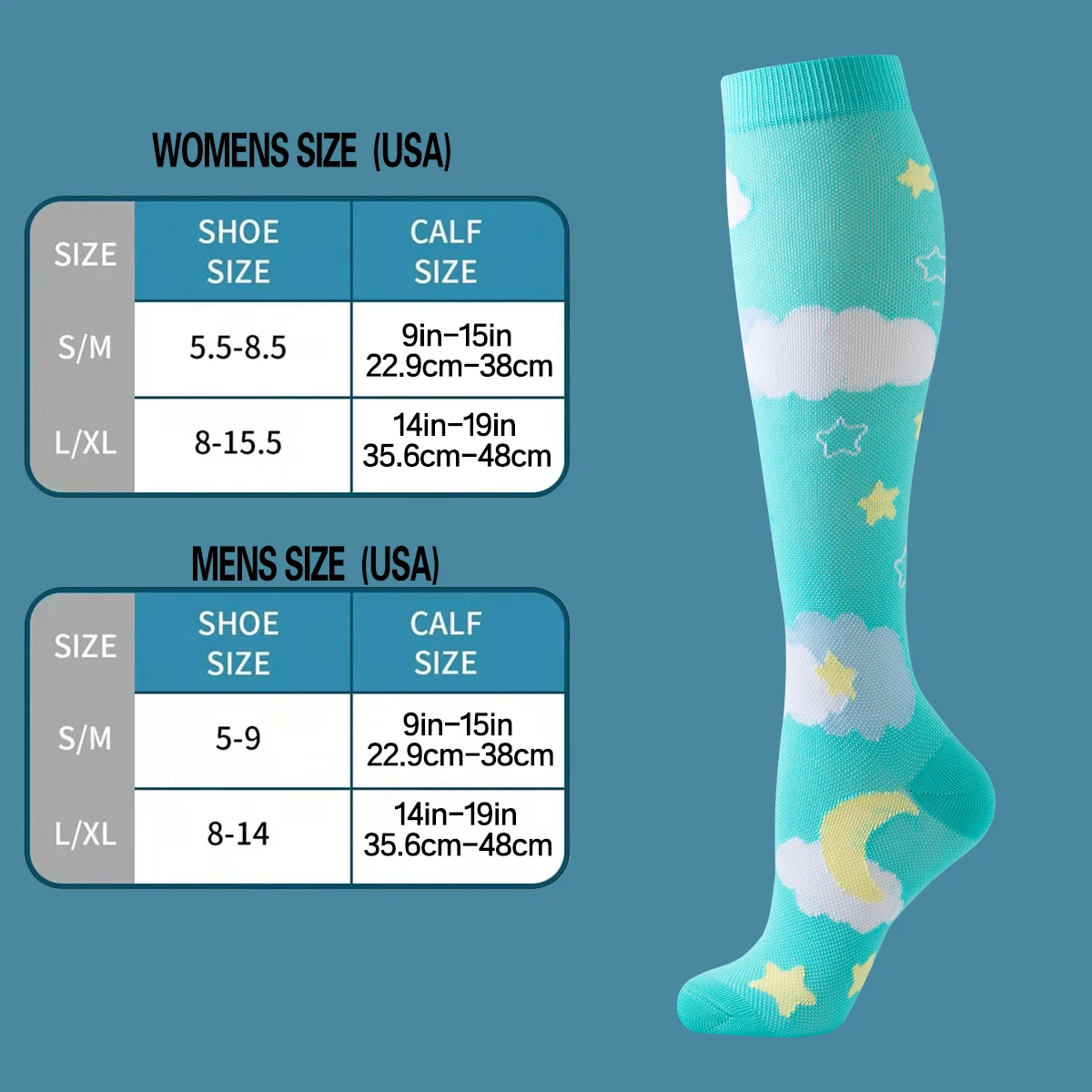 6-Paar Mond- und Stern-Kompressionssocken für Damen und Herren, medizinisch, atmungsaktiv, kniehohe Kompressionssocken, Damen, Krankenschwester-Kompressionssocken
