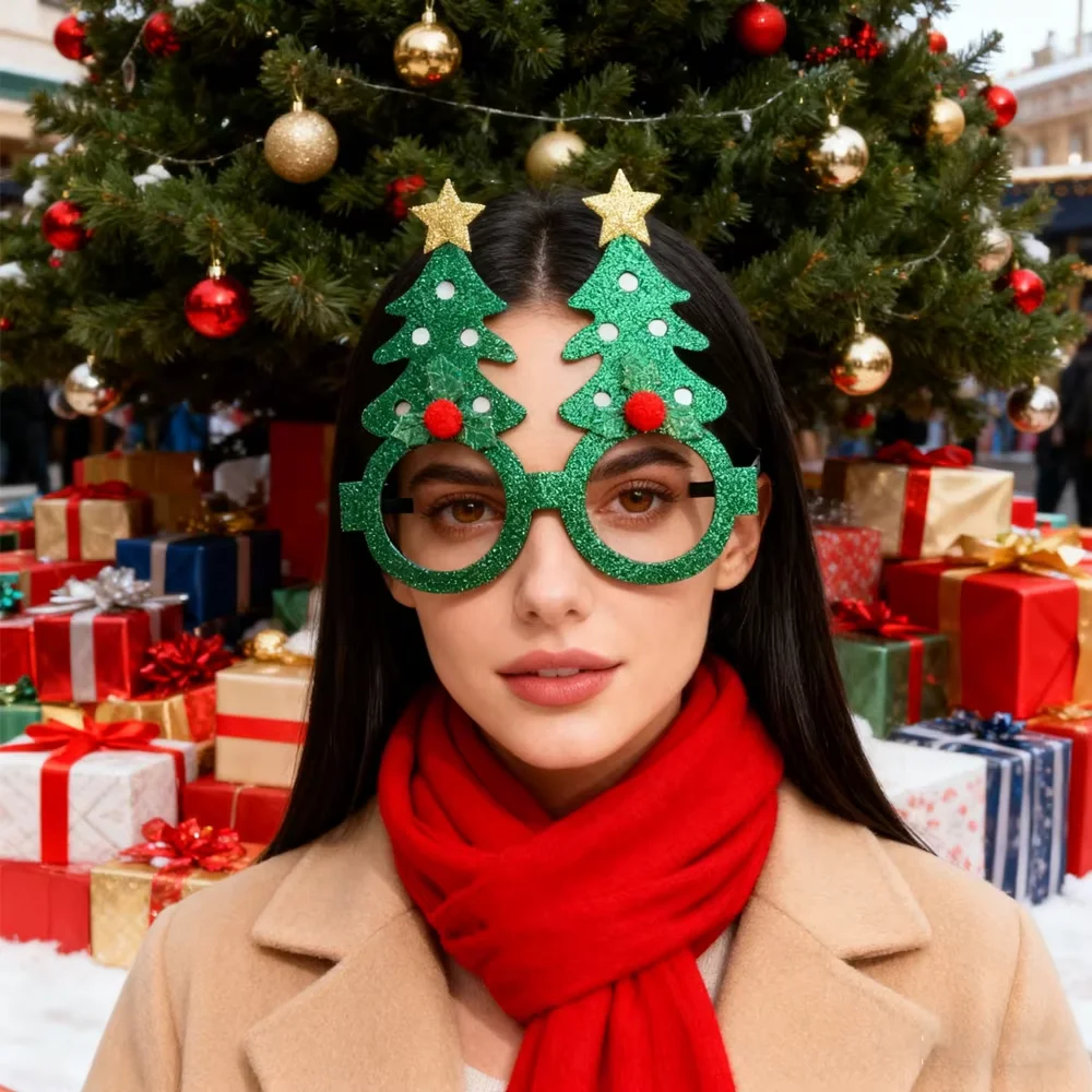 PESENAR Weihnachtsbrille, linsenlos, lustig, angenehm zu tragen, Cartoon-Feiertag, mit leichtem Geweih-Buchstaben-Brillenrahmen
