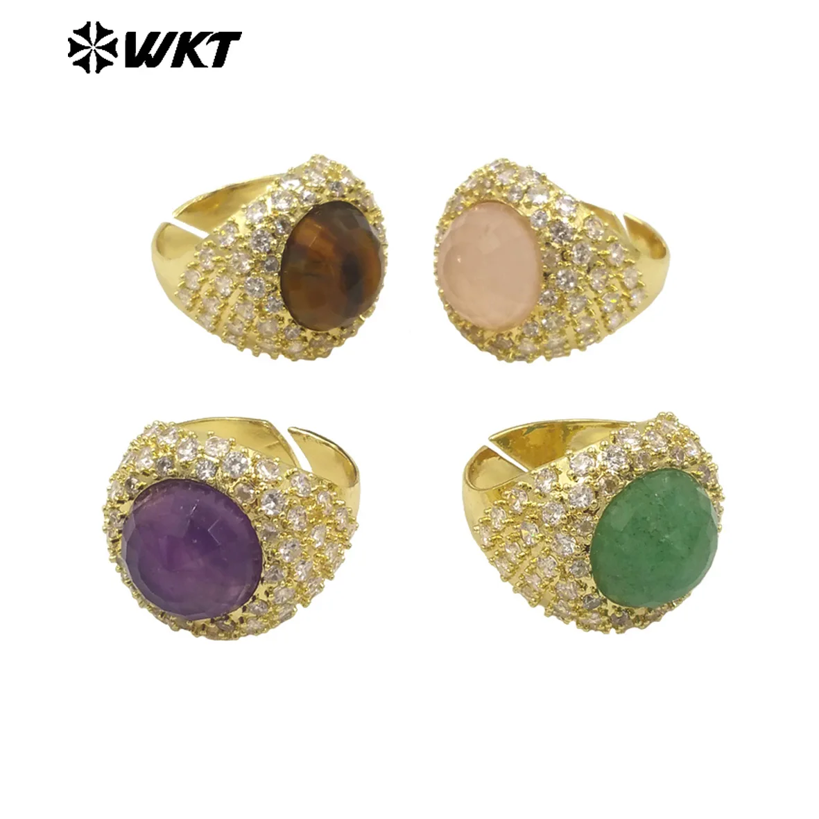 

WT-MR027 Bling Series Big Unisex Cocktail Gemstone Setting With 18K Real Gold Plated Round Stone Rings In Open size