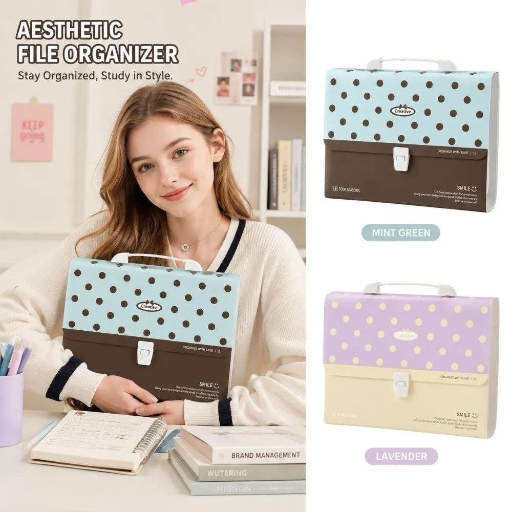 13-Layer Expanding File Folder Polka Dot Pattern Large capacity A4 Document Organizer Snap Closure Paper Storage Bag Students