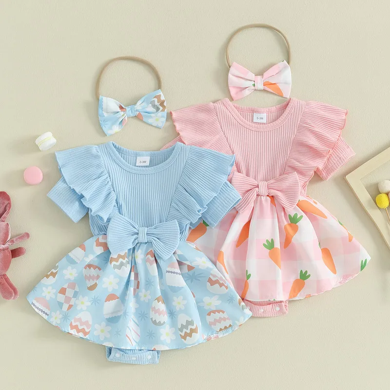 

Infant Baby Girls Easter Bodysuit with Bow Headband Egg/Carrot Print Ruffled Short Sleeve Round Neck Jumpsuit