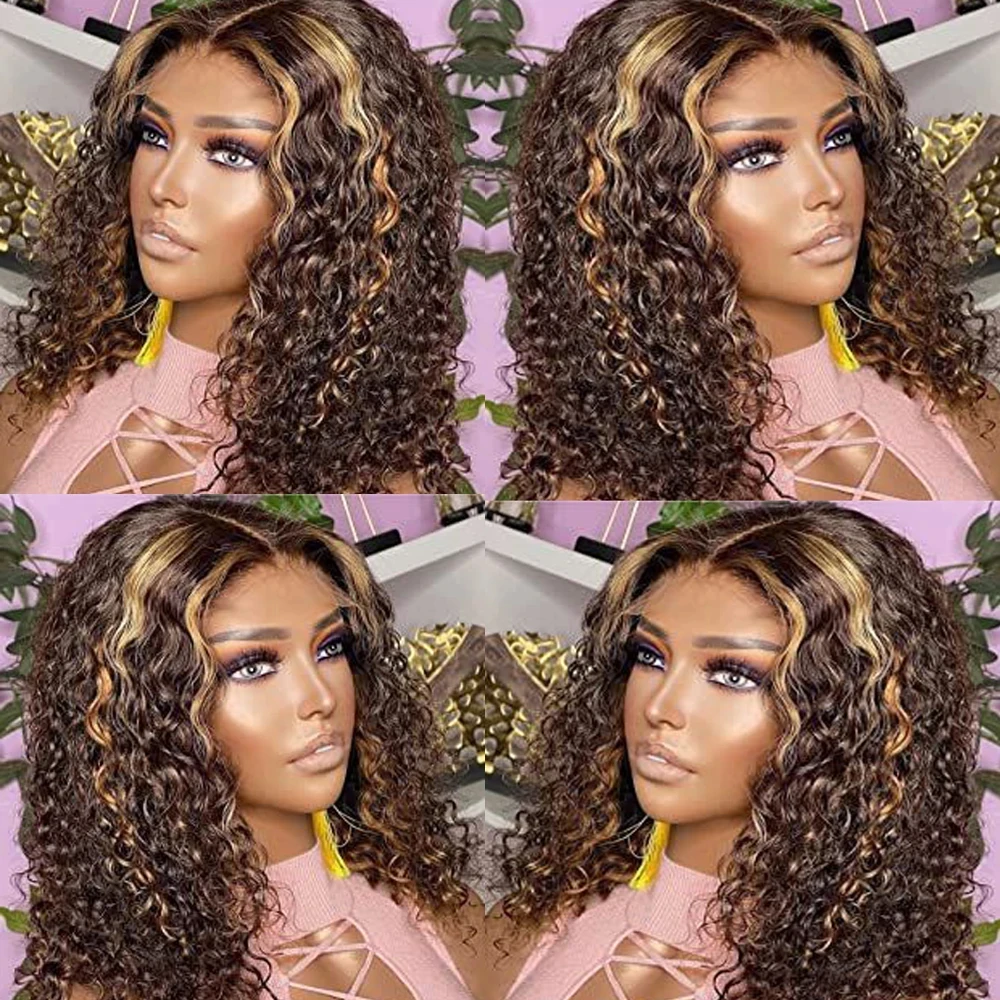 Water Wave Short Bob Wigs Human Hair Highlight 13x4 Lace Front Human Hair Wig 4/27 Deep Wave Lace Frontal Wig Curly Bob Wigs