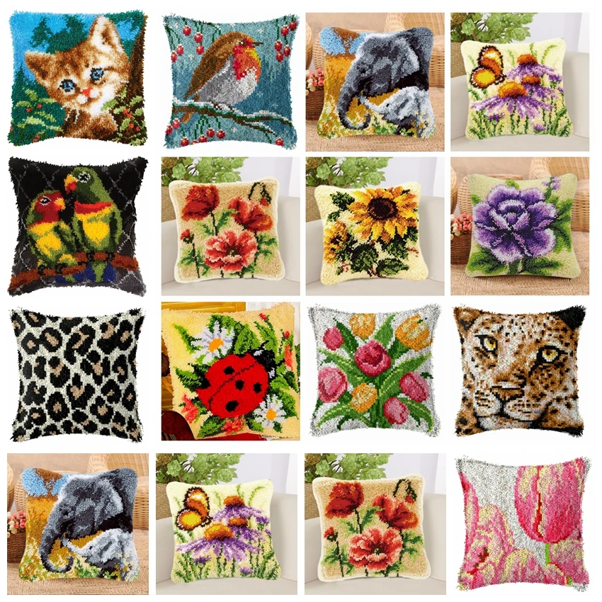 

Plant Series Segment Embroidery Pillow Tulip Flowers Coarse Wool Cross Stitch 3D Latch Hook Kit Carpet DIY Embroidery Cushion