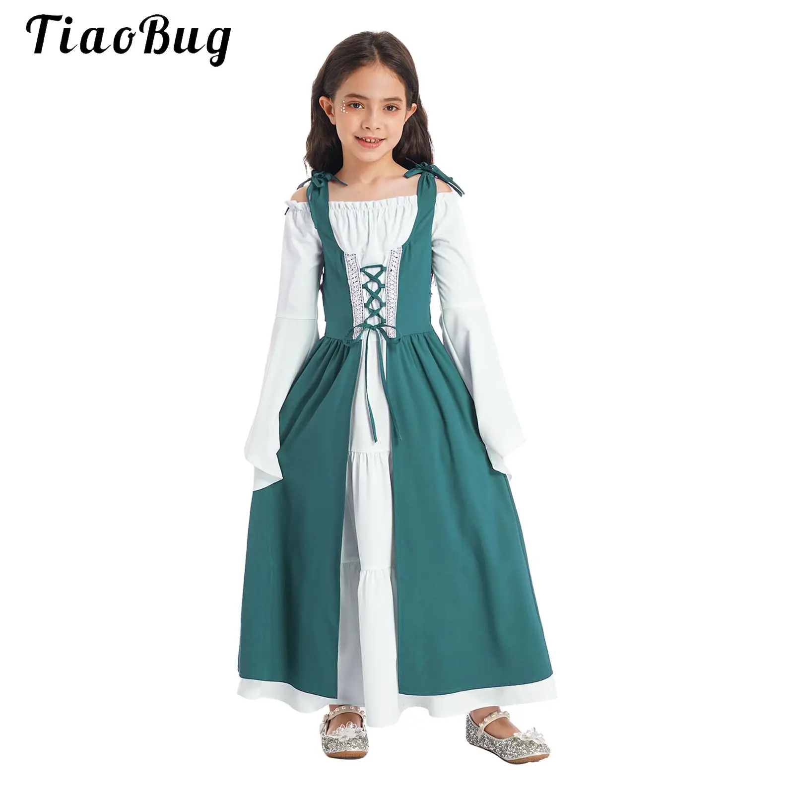 Girls Medieval Renaissance Lace-up Dress Historical Vintage Cosplay Costume Flare Sleeve Halloween Party Victorian Maxi Dress