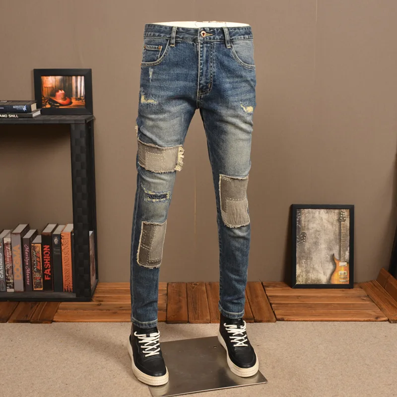 New Vintage Made Old Ripped Men'S Jeans Fashion Brand Straight Leg Slim Stretch Patch High-End Casual Denim Pants