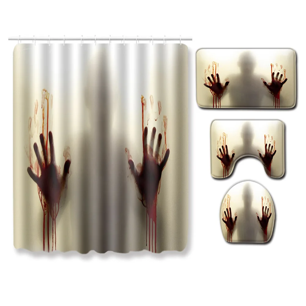 

3D Halloween Horror Blood Handprint Skull Creative Shower Curtain Floor Mat Four-piece Set Bathroom Toilet Carpet Mat POD