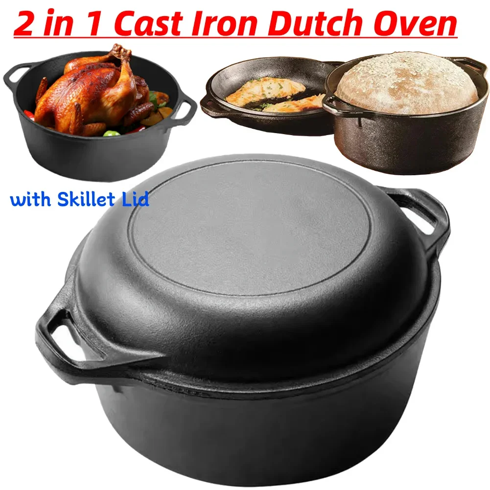 2-in-1-Dutch-Ofen aus Gusseisen mit Pfanendeckel, Dutch-Ofentopf mit zwei Griffen zum Braten, Backen, Camping, Grillen