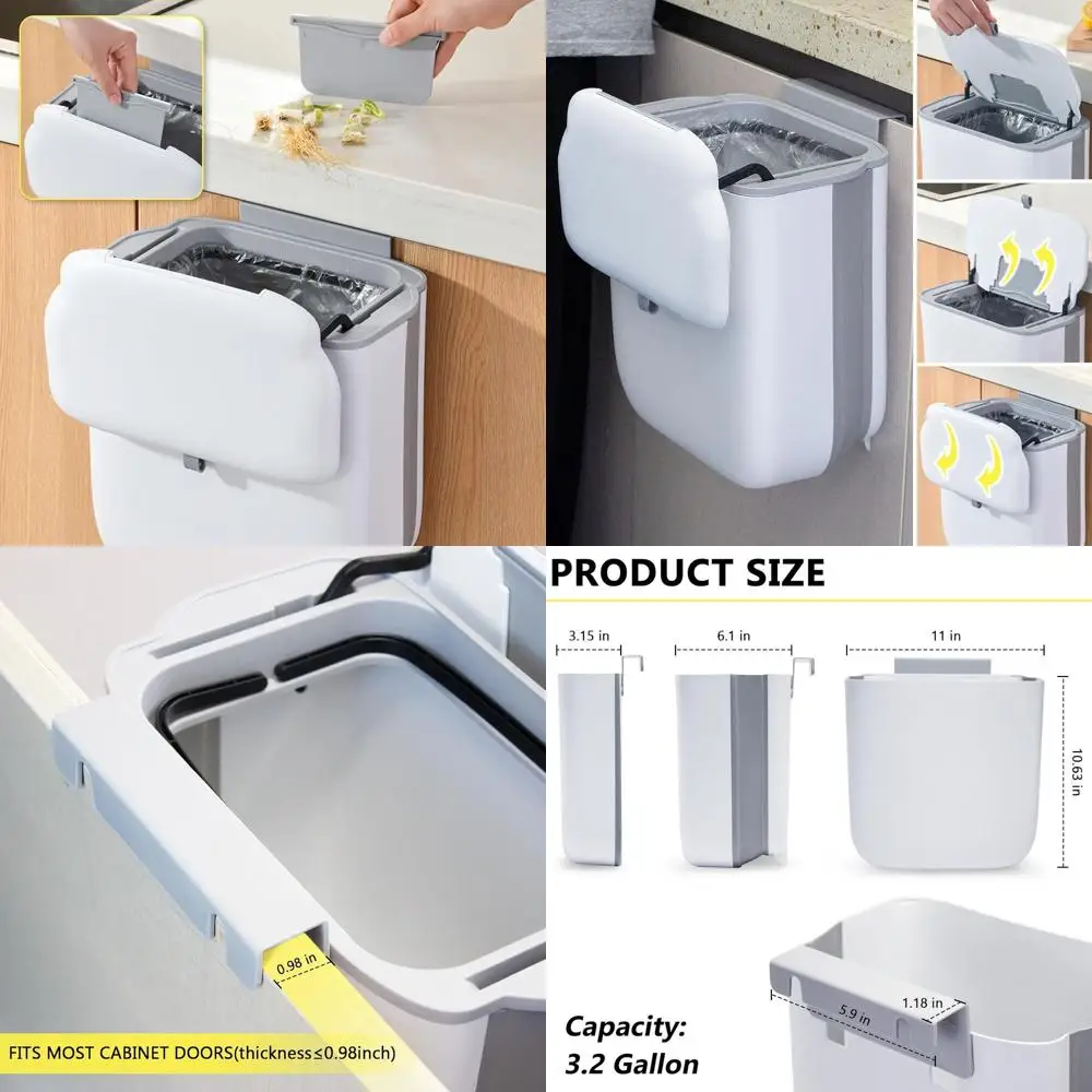 

Collapsible 3.2 Gallon Trash Bin with Lid, Wall-Mounted for Kitchen, Cabinet, Countertop, Bathroom, RV (White)