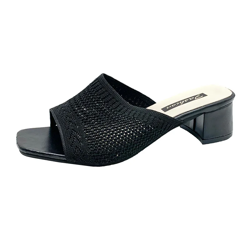 Women Slippers 2022 Summer Closed Toe Comfort Slippers Women Outdoor Fashion Fly Weave Sandals Women Medium Heel Slippers