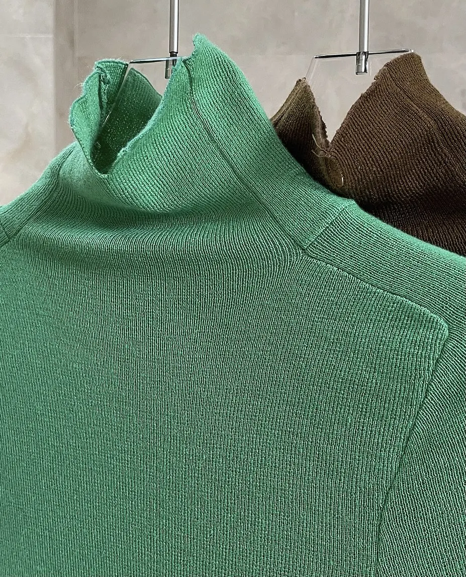 Wool Blended Fine Knit High Neck Sweater Slim Light Weight Turtleneck Tops Green