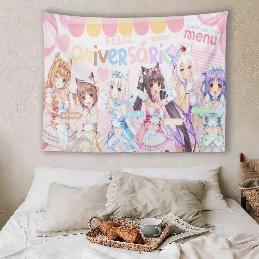 Nekopara All-Star Anime Wandteppich, Kawaii Catgirl Maid Collage, weiche Polyester-Dekoration für Schlafzimmer, Studentenwohnheime und Fanräume